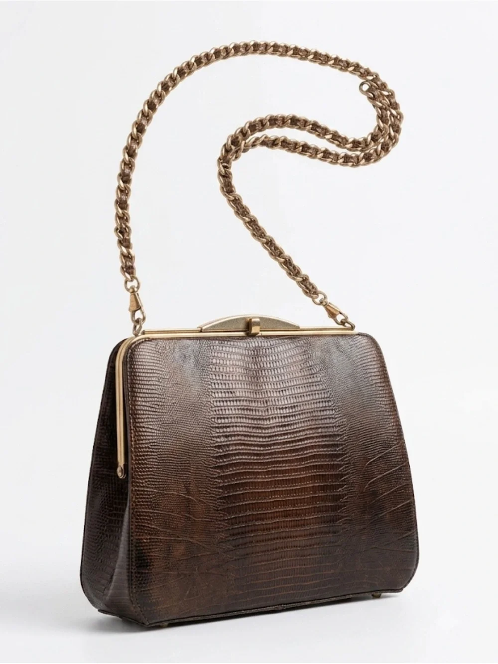 Vintage Brown Lizard-Textured Shoulder Bag with Gold Chain